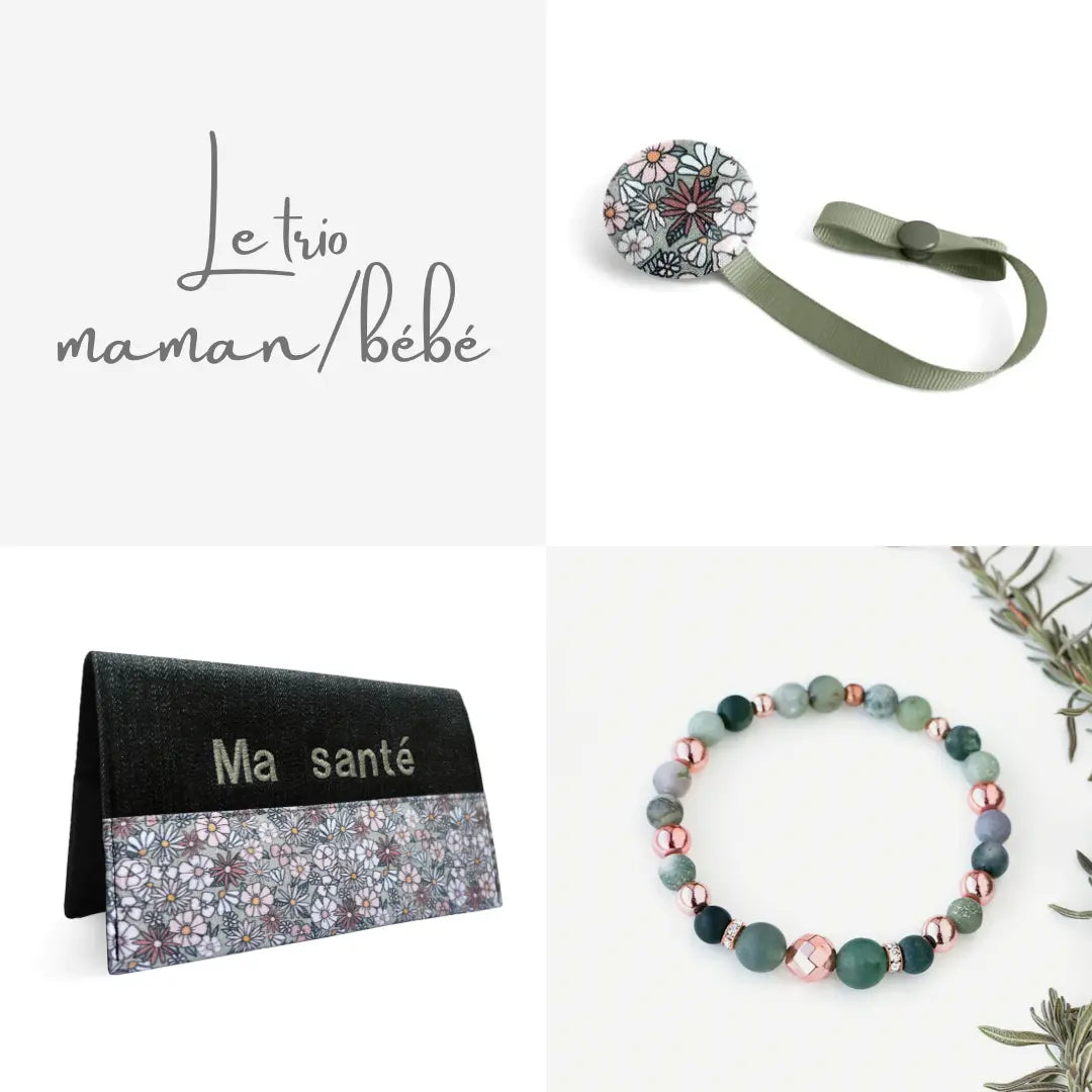 Trio maman/bébé personnalisé Fleur verte - cadeau personnalisé Créations Lolikö