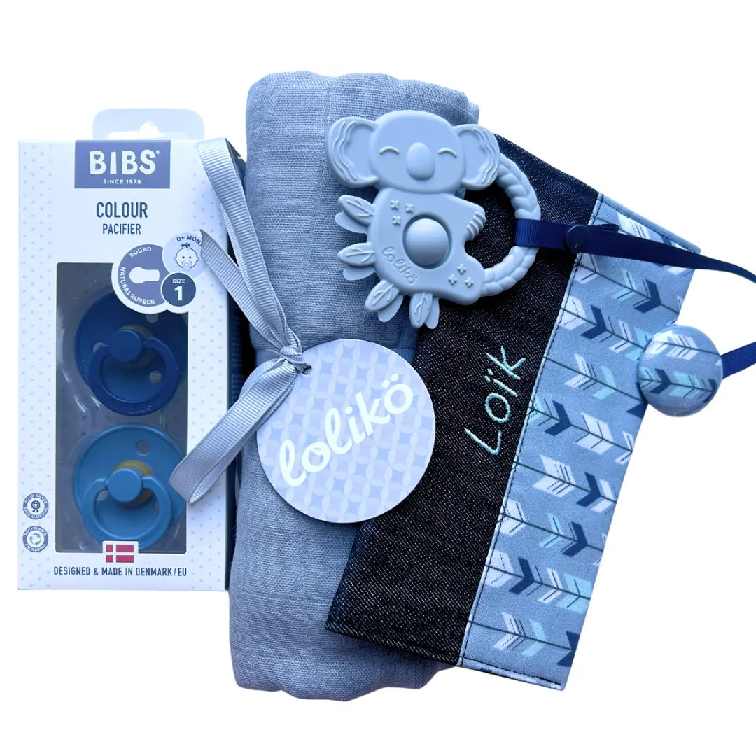 Ensemble cadeau personnalisé de naissance flèche grise Lolikö