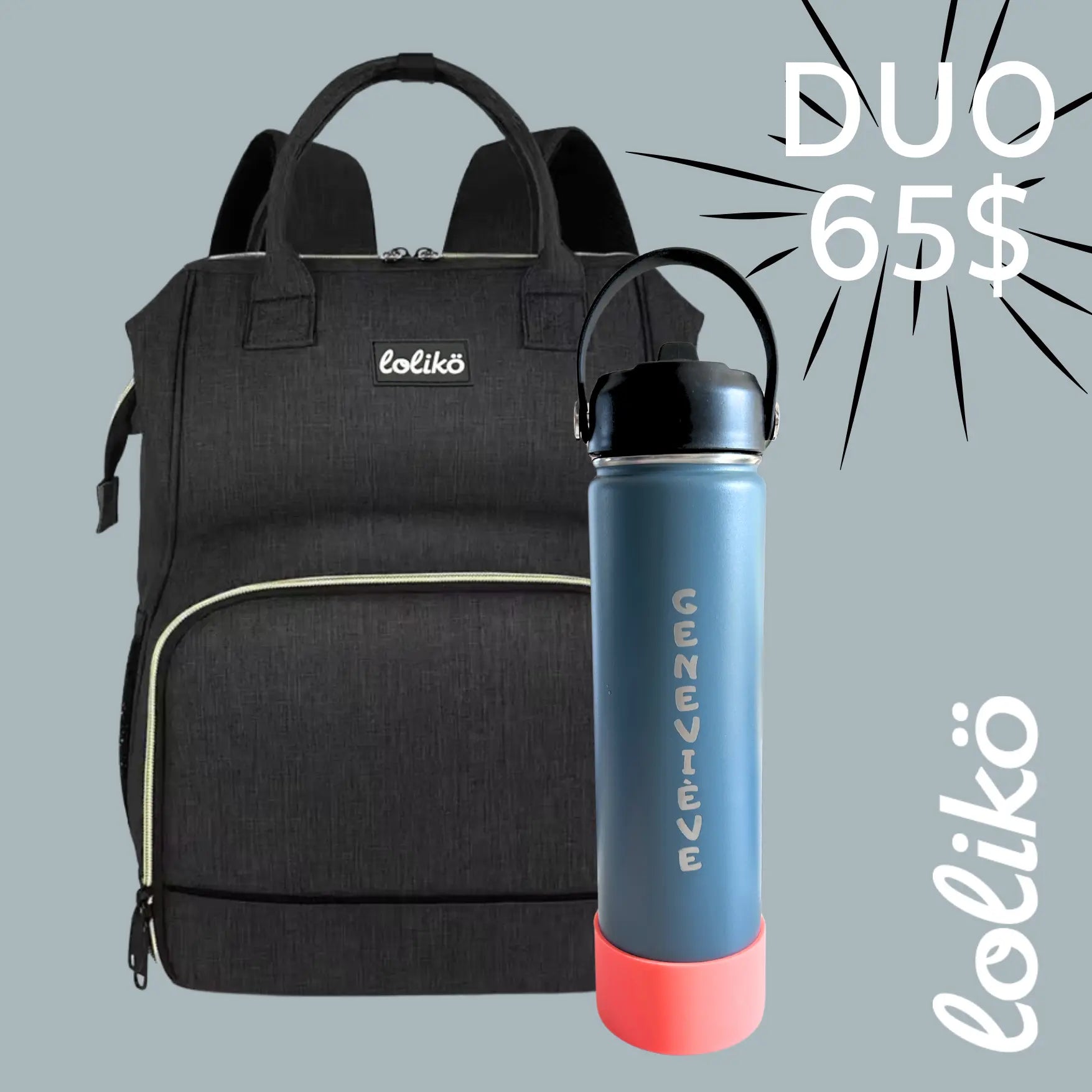 Duo Sac à dos lunch/bouteille d'eau 25oz personnalisée Lolikö