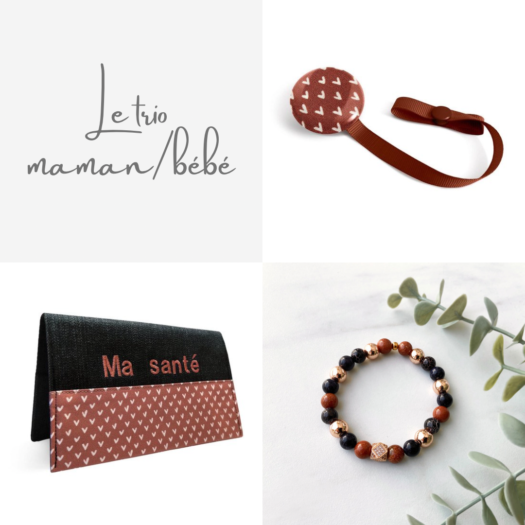 Trio maman/bébé personnalisé Coeur marron - cadeau personnalisé