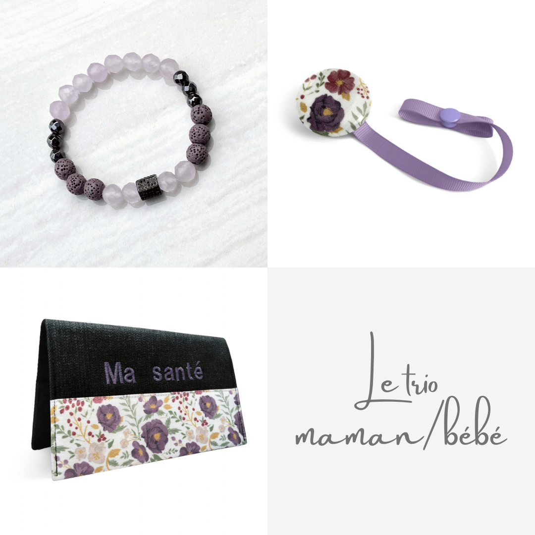 Trio maman/bébé personnalisé Fleur lilas - cadeau personnalisé