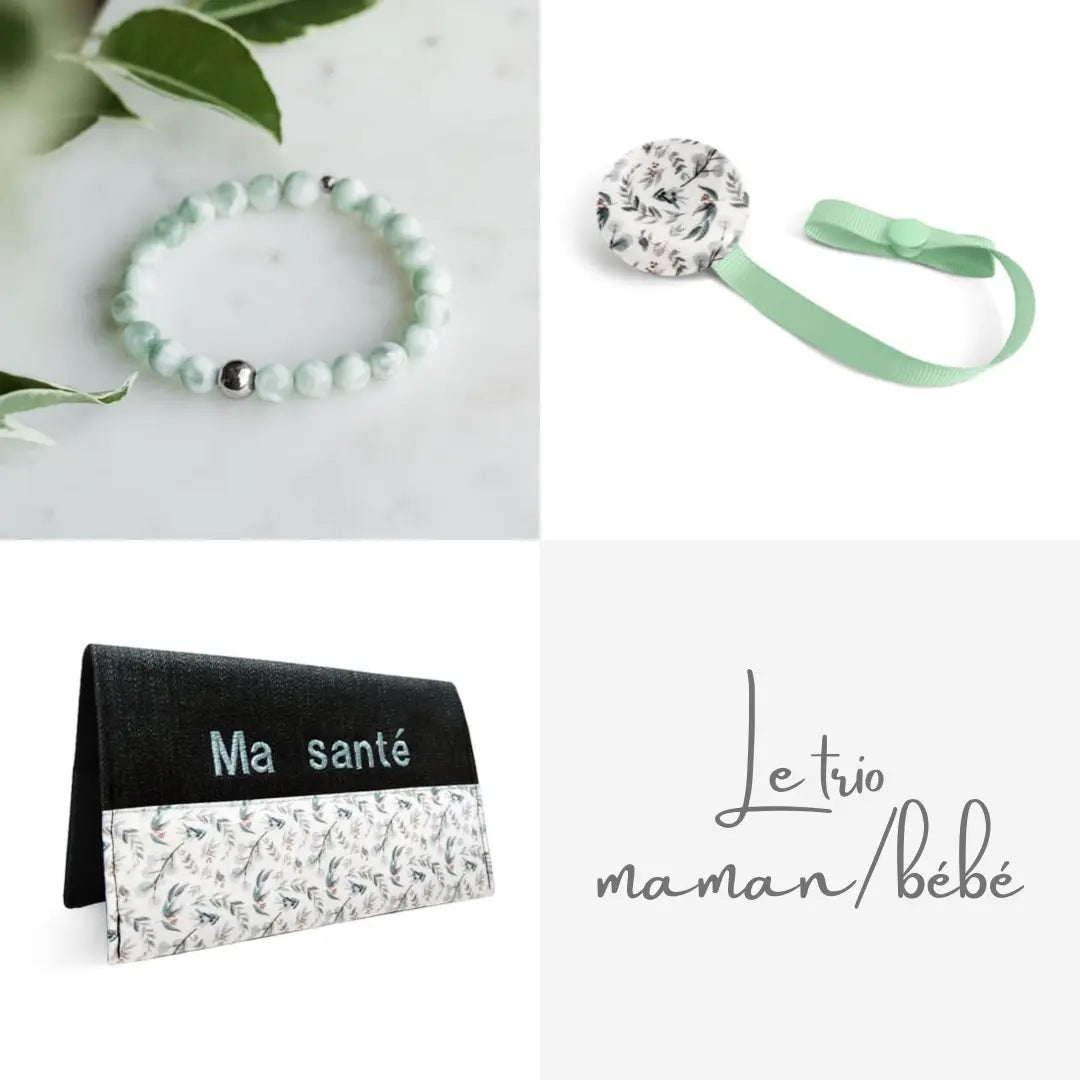 Trio maman/bébé personnalisé Eucalyptus - cadeau personnalisé Créations Lolikö
