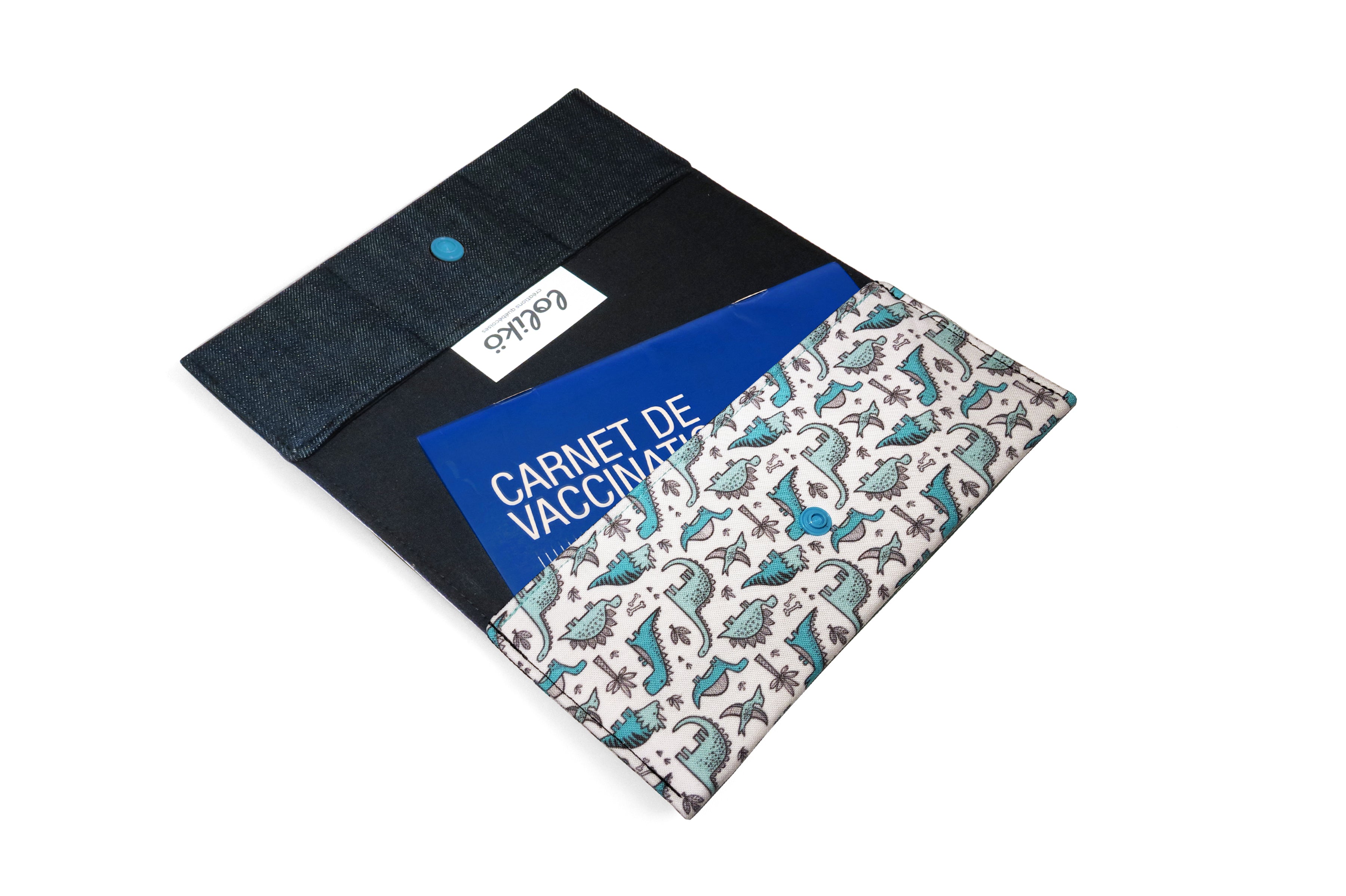 Protège carnet de santé personnalisé Lolikö Dino turquoise (motif : Caja_design)