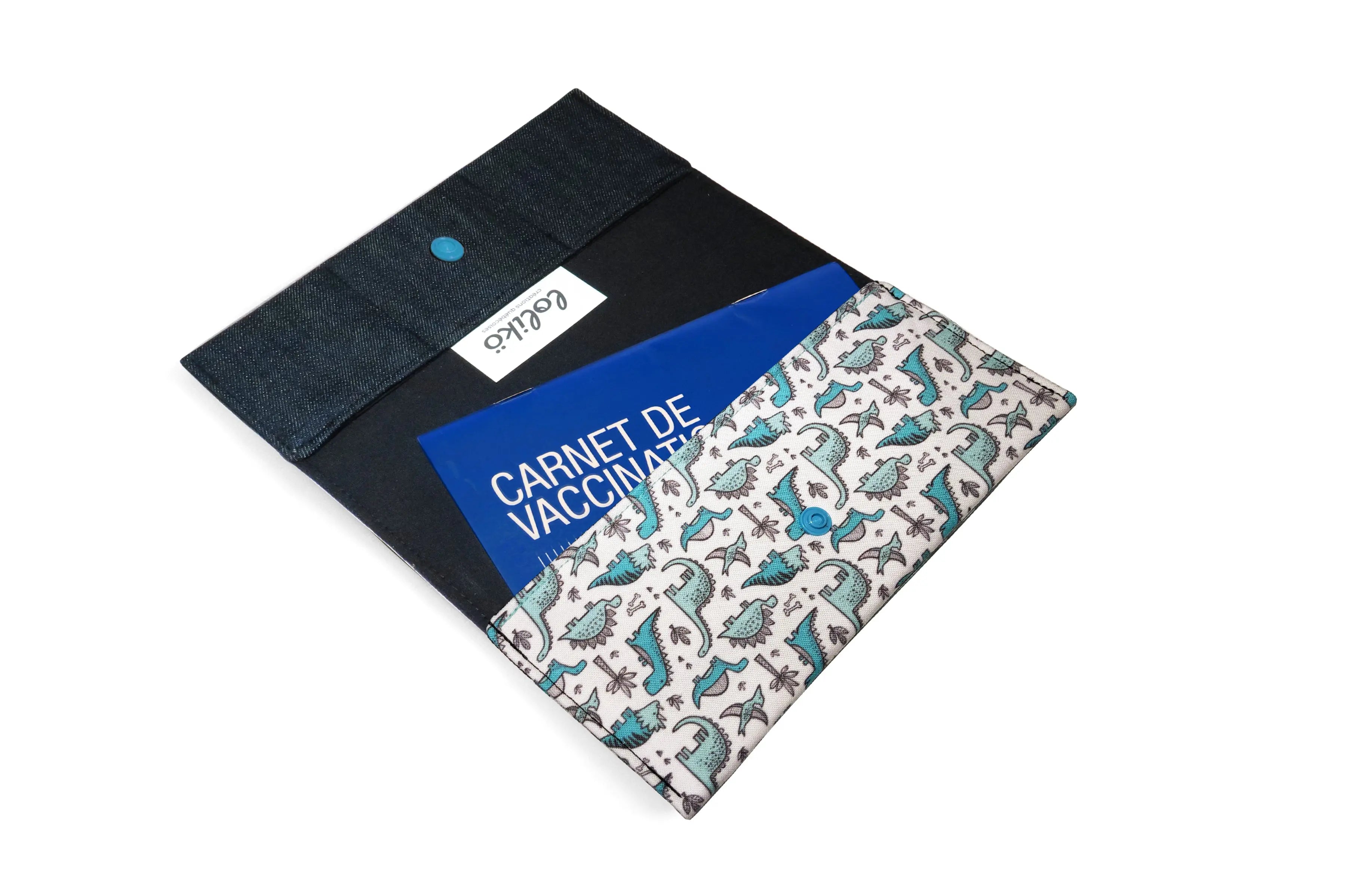 Protège carnet de santé personnalisé Lolikö Dino turquoise (motif : Caja_design) Lolikö