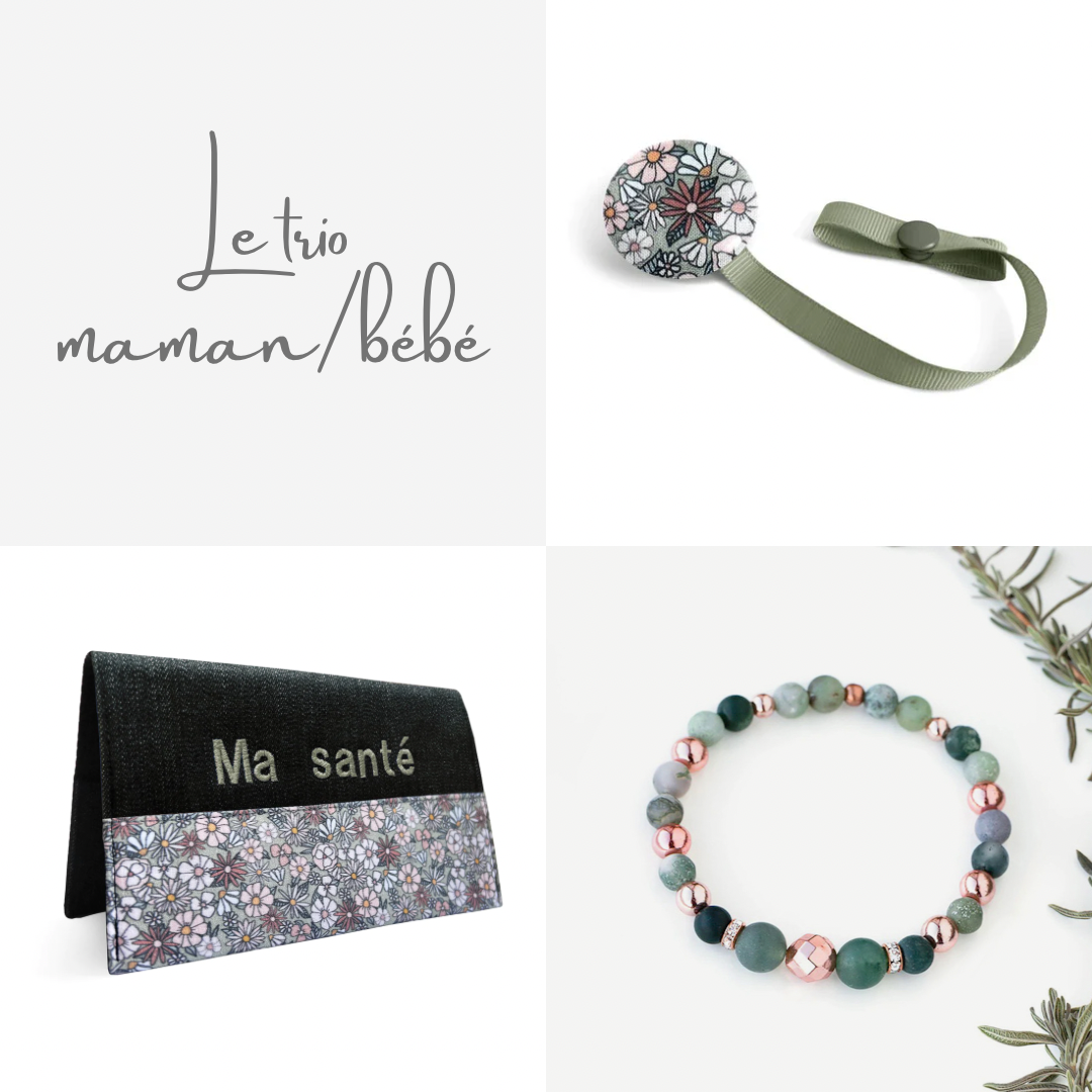 Trio maman/bébé personnalisé Fleur verte - cadeau personnalisé
