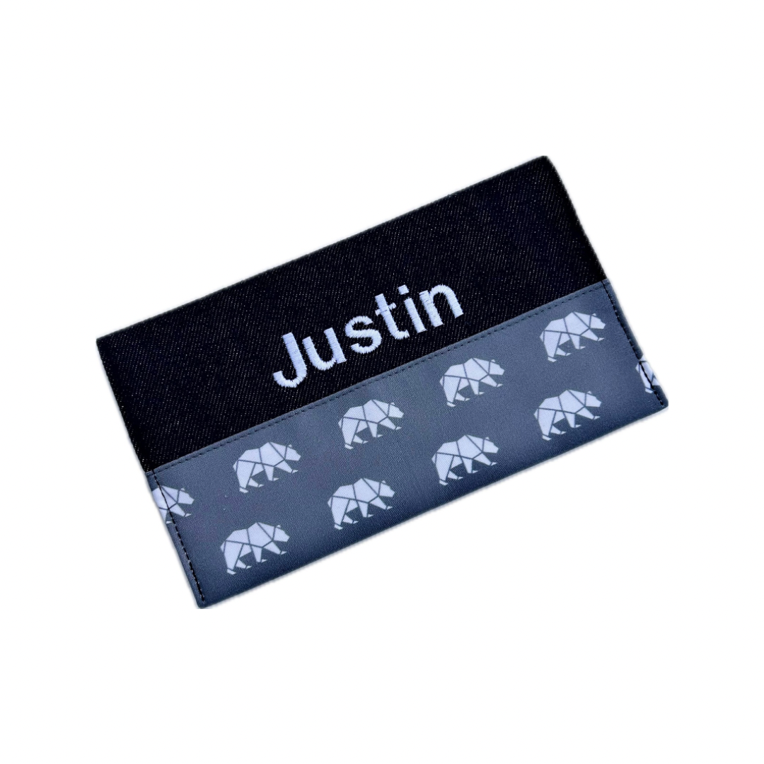 Protège carnet brodé JUSTIN ours gris