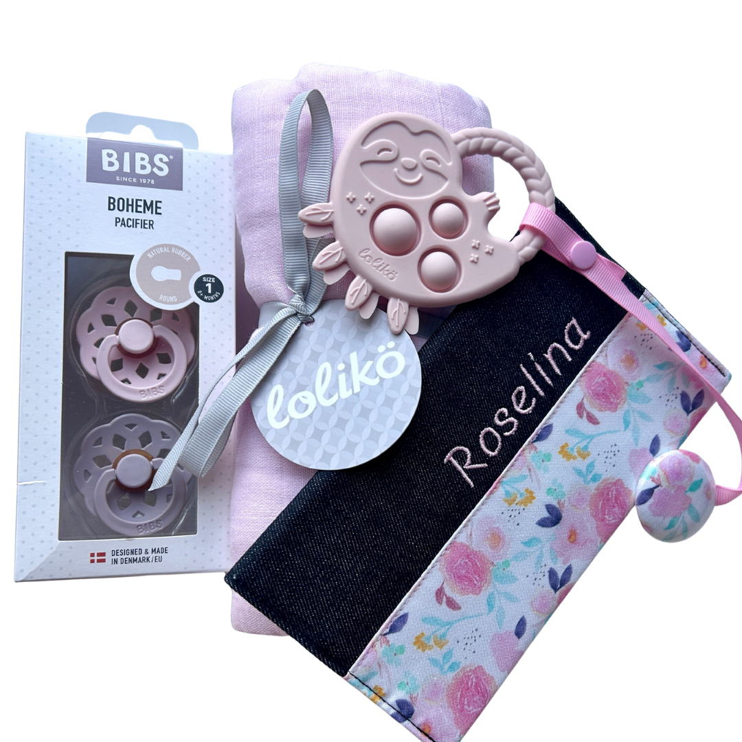 Ensemble cadeau personnalisé de naissance fleur rose
